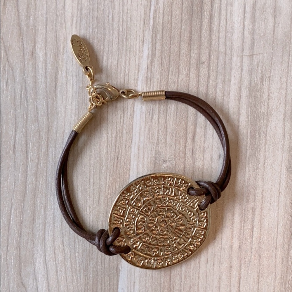 ettika Gold Medallion Brown Leather Bracelet